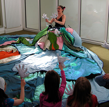 Nikky Smedley in her giant storytelling skirt